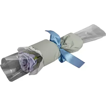 Mýdlo Růže modrá ocelová | Kytice šedá (Ručně balená kytice 30cm s velkou růží v ocelově modré barvě, zabalená v luxusním floristickém šedém saténovém obalu, převázaná modrou mašlí )