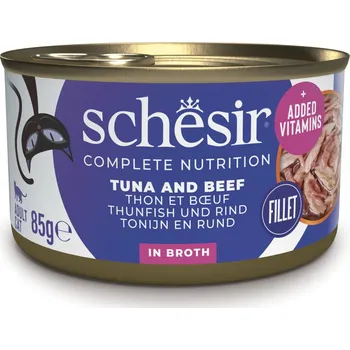 Krmivo pro kočku 6x85g Schesir Complete Nutrition Filet ve vývaru - tuňák s hovězím masem