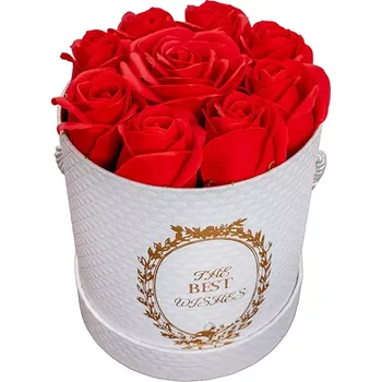 Mýdlo Mýdlová Kytice Best S | Bílý Flower Box (Pěkná kytice s celkem devíti červenými mýdlovými růžemi v luxusním bílém dekorativním Flower Boxu ⌀ 13,5cm + výška 15cm)