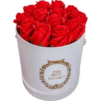 Mýdlo Mýdlová Kytice Best M | Bílý Flower Box (Pěkná kytice s celkem třinácti červenými mýdlovými růžemi v luxusním bílém dekorativním Flower Boxu ⌀ 15,5cm + výška 18cm)