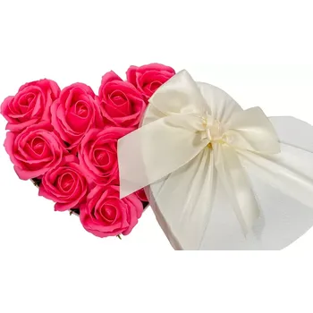 Mýdlo Mýdlová Kytice Pink | Bílé Srdce S (Luxusní kytice s celkem deseti tmavě růžovými mýdlovými růžemi v úžasném bílém Flower Boxu ve tvaru velkého srdce)
