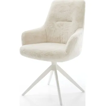 Jídelní židle DELIFE Jídelní židle Zelia-Flex s područkami plyšový manšestr krémovo-bílá křížová podnož široká bílá otočný 360° houpací funkce taštičkové pružiny