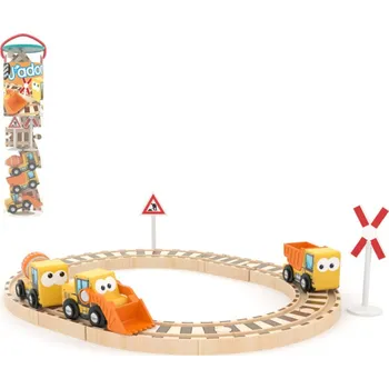 Vláček a vláčkodráha DŘEVO Autíčka pracovní stroje 3ks set s kolejemi *DŘEVĚNÉ HRAČKY*