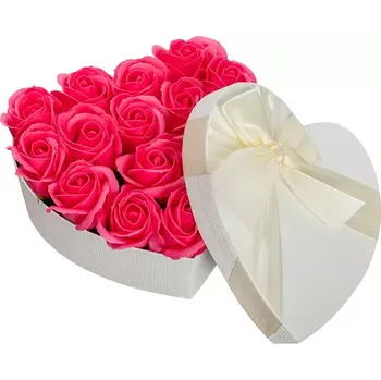 Mýdlo Mýdlová Kytice Pink | Bílé Srdce L (Luxusní kytice s celkem patnácti tmavě růžovými mýdlovými růžemi v úžasném bílém Flower Boxu ve tvaru velkého srdce)