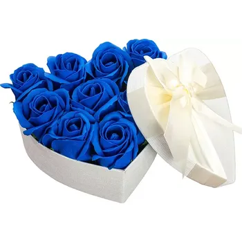 Mýdlo Mýdlová Kytice Blue | Bílé Srdce S (Luxusní kytice s celkem deseti královsky modrými mýdlovými růžemi v úžasném bílém Flower Boxu ve tvaru velkého srdce)