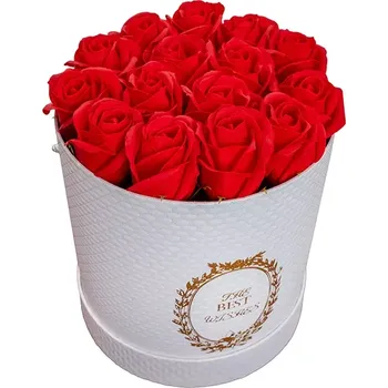 Mýdlo Mýdlová Kytice Best L | Bílý Flower Box (Pěkná kytice s celkem patnácti červenými mýdlovými růžemi v luxusním bílém dekorativním Flower Boxu ⌀ 17,5cm + výška 20,5cm)