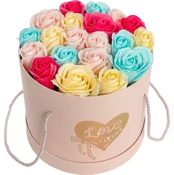 Mýdlo Mýdlová kytice Rainbow | Flower Box plný barevných růží (Luxusní růžový flower box s 20x mýdlovými růžemi v různých barvách a zlatým srdcem s nápisem Love you – exploze barev, vůní a emocí)