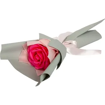 Mýdlo Růže Růžová | Kytice růžovo šedá (Ručně balená kytice 30cm s 1x růžovou mýdlovou růží v růžovém a šedém saténovém obalu, převázaný luxusní béžovou mašlí. )