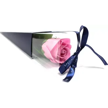 Mýdlo Růže růžová | Single Rose (Luxusní růžová růže 40cm v dárkovém obalu, převázaná tmavě modrou mašlí)