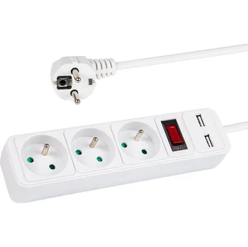 Prodlužovací kabel Síťová prodlužovačka PR-370WSP/USB 3-Zásuvky+USB s uzemněním+vypínač 3m BÍLÝ 3x1,5mm