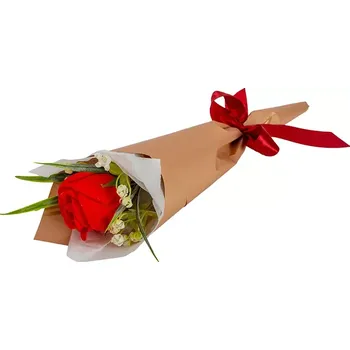 Mýdlo Růže červená | Kytice světle měděná (Ručně balená kytice 30cm s 1x sytě červenou růží + zdobení, zabalená v luxusním saténovém obalu ve světle měděné barvě, převázaná noblesní mašlí. )