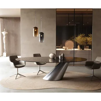 Jídelní stůl DELIFE Jídelní stůl Edge oválný 280x130 sklo s reliéfem kouřově černé 3D design Cono kov stříbrná