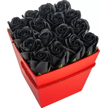 Mýdlo Mýdlová kytice Midnight Rose | Luxusní červený Flower Box s černými růžemi (Neobyčejný a úžasný červený flower box s 16x černými mýdlovými růžemi, symbol elegance, vášně a neobyčejného stylu)