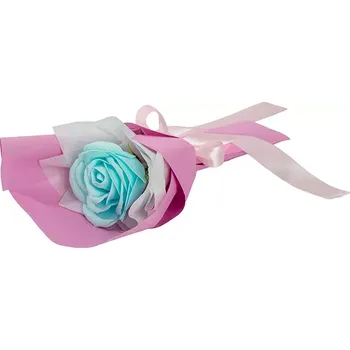 Mýdlo Růže modrá | Kytice fialová (Ručně balená kytice 30cm se světle modrou velkou růží, zabalená v luxusním saténovém obalu fialové barvy, převázaná mašlí v kapučino barvě )