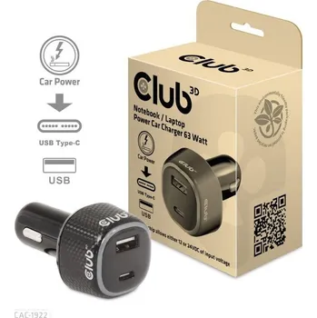 Club3D Auto nabíječka pro Notebooky 63W, 2 porty (USB-A + USB-C)