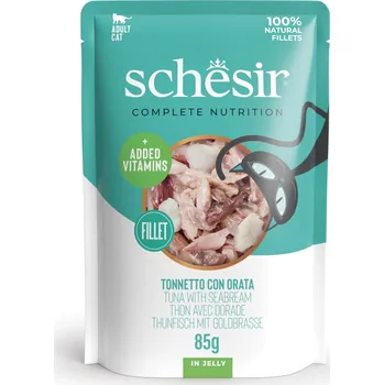Krmivo pro kočku 6x85g Schesir Complete Nutrition Filet v želé - tuňák s pražmou