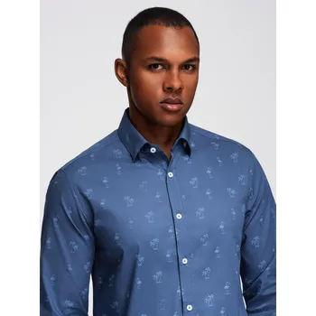 Pánská košile Klasická pánská bavlněná košile SLIM FIT s palmami - tmavě modrá V5 OM-SHCS-0156 - L
