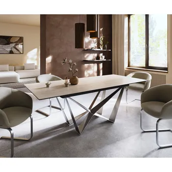 Jídelní stůl DELIFE Jídelní stůl Edge 180-220x100 keramika Laminam® Travertino Bianco krémově bílá Spider plochá ocel nerezová ocel rozkládací
