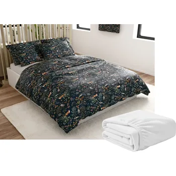 Povlečení Textilomanie Sada mikroplyšového povlečení LIŠKA A ZAJÍC tmavě zelené + prostěradlo mikroplyš SOFT 90x200 cm bílé, jednolůžko, 140x200 / 70x90 cm