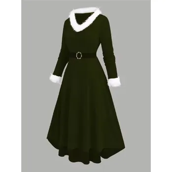 Dámské šaty Dámské žakárové vánoční šaty s kožešinkou - PLUS SIZE (XL-5XL) Barva: zelená, Velikost: XXL
