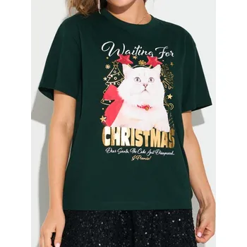 Dámské oblečení Sinsay - Vánoční tričko s kočkou - zelená - 896GS-69X - 896GS-69X-XL