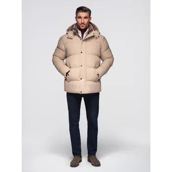 Pánská bunda s kostkovanou podšívkou - béžová V2 OM-JAHP-0205 - M