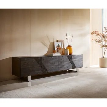 Televizní stolek DELIFE TV stolek Tereos 220 cm jasan tmavě hnědá 3D efekt 4 dvířka podnož nerezová ocel kartáčovaná