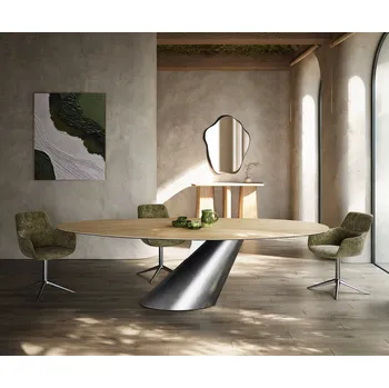 Jídelní stůl DELIFE Jídelní stůl Edge oválný 280x130 keramika Laminam® Sabbia dubová Cono kov stříbrná