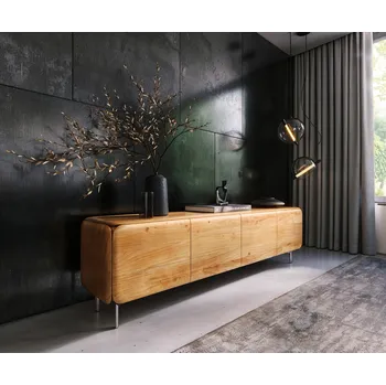 Televizní stolek DELIFE TV stolek Shavani 200 cm akácie přírodní 4 dvířka podnož oválná nerezová ocel