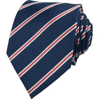 Kravata Tmavě modrá pánská kravata s červenobílými pruhy
