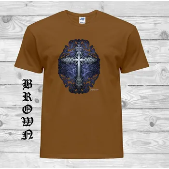 levne-bavlnene-tricko-potisk-goticky-kriz Barva: Brown - hnědá, velikost: XS