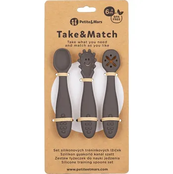 dětský příbor Petite & Mars Set 3 ks silikonových tréninkových lžiček Take&Match 6 m+ Bitter Cocoa