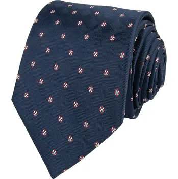 Kravata Tmavě modrá pánská kravata s červeno-bílým vzorem