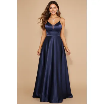 Dámské šaty EVA & LOLA Společenské saténové Šaty DORIANE tmavě modré Barva: Modrá, Velikost: M