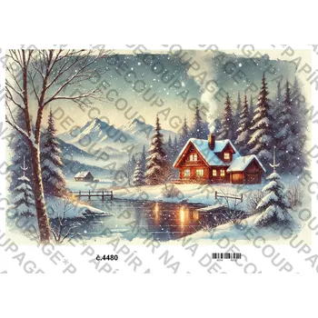 Umělecký papír Rýžový a soft papír na decoupage - Dům v zimě - KB4480 Materiál: Soft, Rozměr: A4