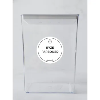 Samolepící etiketa RÝŽE PARBOILED – bílá samolepka na dózu, tučné písmo, 5 cm | DomaLEP