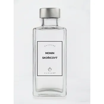 Speciální papír Samolepka na láhev MONIN SKOŘICOVÝ 6 x 8 cm – průhledná vinylová, voděodolná, omyvatelná samolepka na dózy, tučné písmo