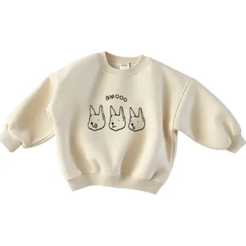 Dětská móda Dětská mikina s motivem psa na hrudi Bavlna a polyester Jednobarevný svetr s dlouhým rukávem Kulatý výstřih Jarní a podzimní oblečení pro chlapce i dívky béžova 4