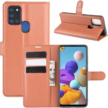 Pouzdro na mobilní telefon Litchi PU kožené peněženkové pouzdro na mobil Samsung Galaxy A21s - hnědé