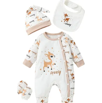 Kojenecký overall 4dílná sada dětského overalu se zvířecím potiskem Dlouhý rukáv Kulatý výstřih Knoflíky Bryndák Čepice Rukavice Bavlna Polyester Elastan 1-3 měsíce