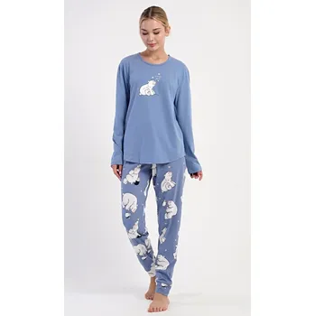Dámské pyžamo Dámské pyžamo dlouhé Méďa a tučňák - modrošedá - S