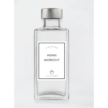 Speciální papír Samolepka na láhev MONIN SKOŘICOVÝ 6 x 8 cm – bílá vinylová, voděodolná, omyvatelná samolepka na dózy, základní písmo