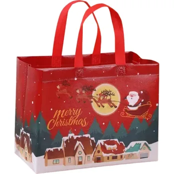Dárková taška Dárková taška s vánočním motivem kresleného Santa Clause s losem a domky 32 x 25 cm Netkaná textilie Opakovaně použitelná taška na dárky