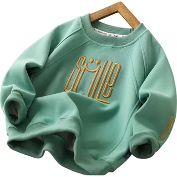 Dívčí mikina Dětská mikina s dlouhým rukávem a výšivkou SMILE Bavlna a polyester Jednobarevný top pro chlapce i dívky Jarní a podzimní volný střih Různé barvy zelená 4