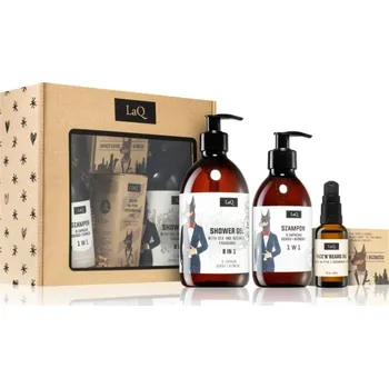 Sprchový gel LaQ Doberman svěží sprchový gel 8 v 1 500 ml + čisticí šampon s hydratačním účinkem 300 ml + pečující olej na obličej a vousy 30 ml + tuhé mýdlo 85 g