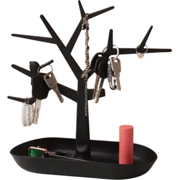 Věšák Věšák na klíče s miskou ve tvaru stromu 23,5 x 11,8 x 27 cm Dekorativní stojan na klíče a drobnosti Domácí organizér do předsíně černá