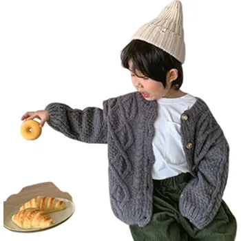 Dívčí svetr Dětský pletený kardigan Hrubý vlněný svetr na knoflíky Retro konopný kabátek pro chlapce i dívky Jednobarevný podzimní a zimní svetr Různé barvy šedá 9-12 měsíců