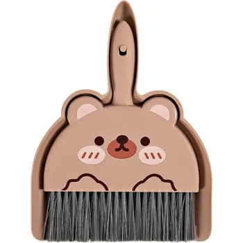 Mini koště s lopatkou 23 x 18 cm Hnědý medvěd s kresleným obličejem Roztomilá sada na úklid PP PET Kompaktní design pro domácnost
