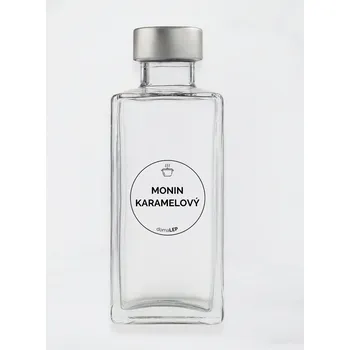 Samolepící etiketa Samolepka na láhev MONIN KARAMELOVÝ průměr 5 cm – průhledná vinylová, voděodolná, omyvatelná samolepka na dózy, tučné písmo