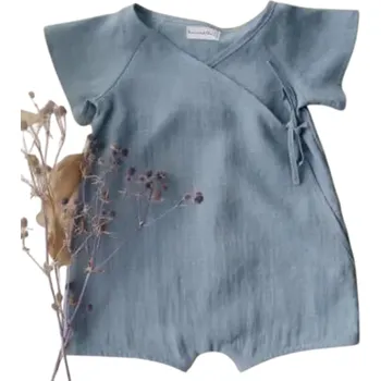 Kojenecký overall Letní dětský lněný a bavlněný overal s krátkým rukávem Jednobarevné body s tričkem a kraťasy Ležérní unisex overal pro miminka a batolata modrá 18-24 měsíců